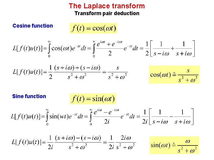 The Laplace transform Transform pair deduction Cosine function Sine function 