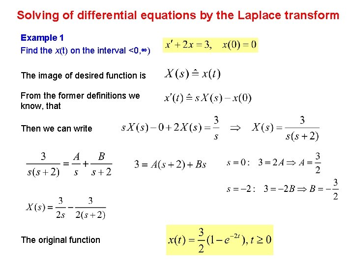 Solving of differential equations by the Laplace transform Example 1 Find the x(t) on