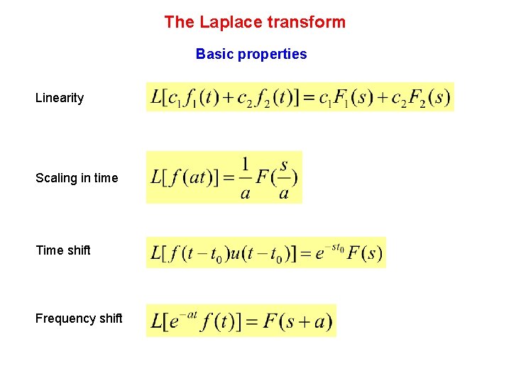 The Laplace transform Basic properties Linearity Scaling in time Time shift Frequency shift 