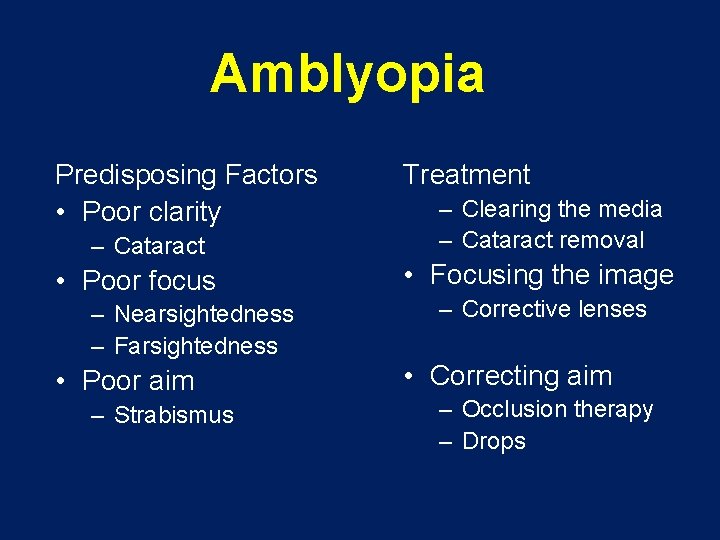 Amblyopia Predisposing Factors • Poor clarity – Cataract • Poor focus – Nearsightedness –