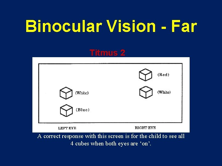 Binocular Vision - Far Titmus 2 A correct response with this screen is for