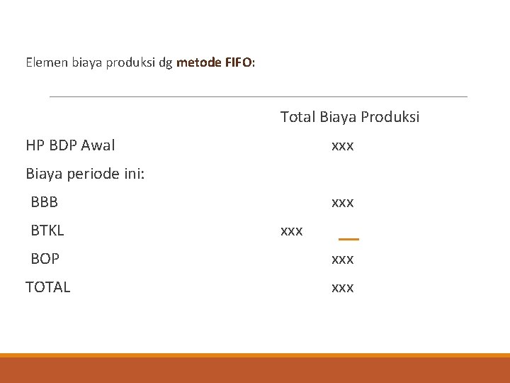 Elemen biaya produksi dg metode FIFO: Total Biaya Produksi HP BDP Awal xxx Biaya