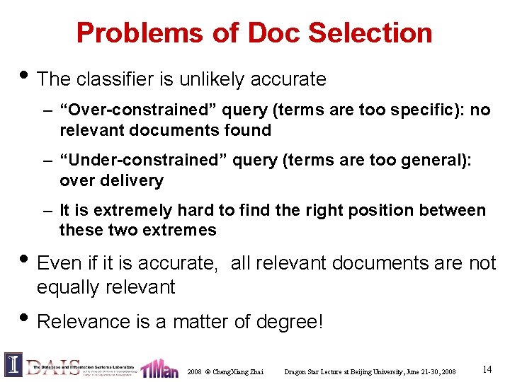 Problems of Doc Selection • The classifier is unlikely accurate – “Over-constrained” query (terms