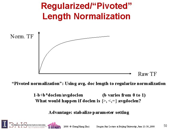 Regularized/“Pivoted” Length Normalization Norm. TF Raw TF “Pivoted normalization”: Using avg. doc length to