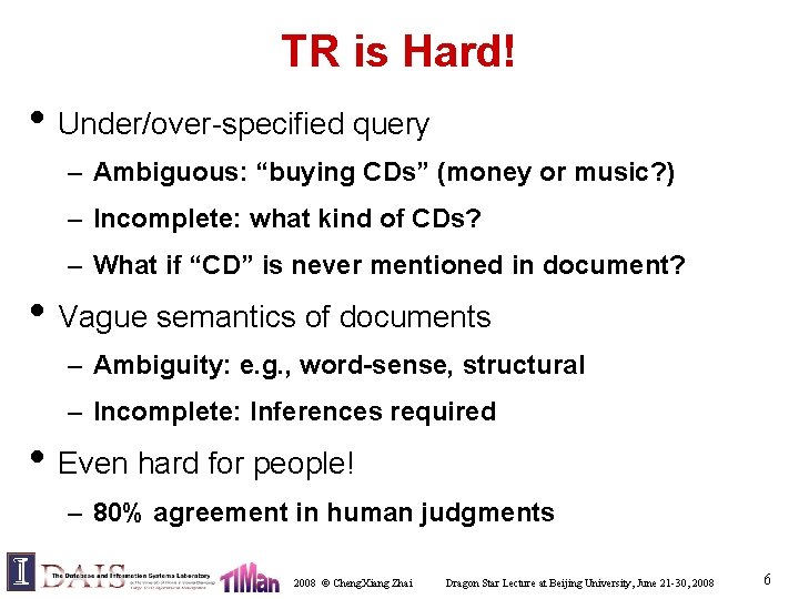 TR is Hard! • Under/over-specified query – Ambiguous: “buying CDs” (money or music? )