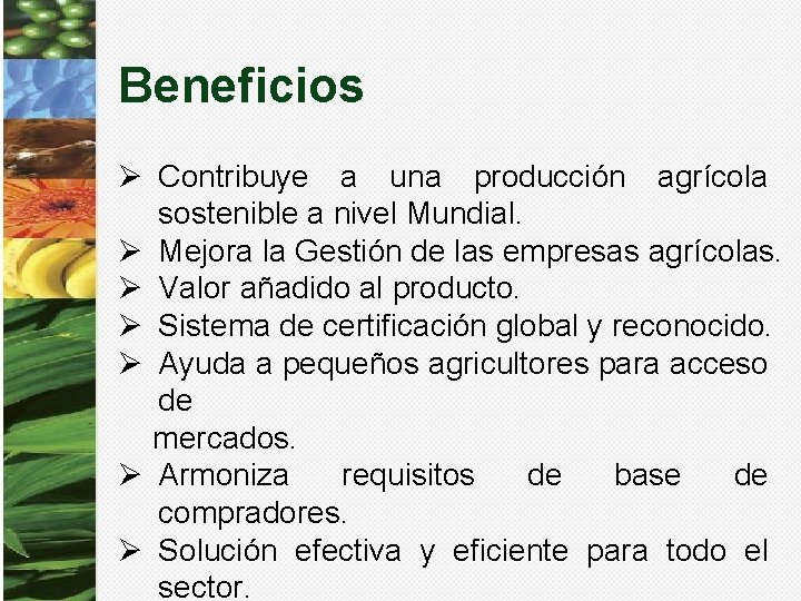 Beneficios Ø Contribuye a una producción agrícola sostenible a nivel Mundial. Ø Mejora la