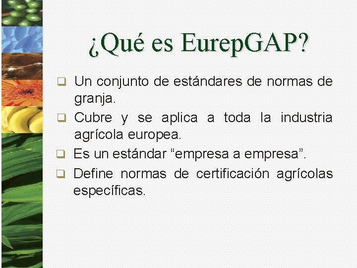 ¿Qué es Eurep. GAP? Un conjunto de estándares de normas de granja. q Cubre