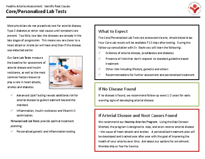 Healthy Arteries Assessment: Identify Root Causes Core/Personalized Lab Tests Most physicians do not proactively