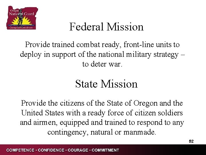 Federal Mission Provide trained combat ready, front-line units to deploy in support of the