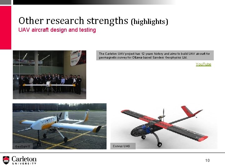 Other research strengths (highlights) UAV aircraft design and testing The Carleton UAV project has
