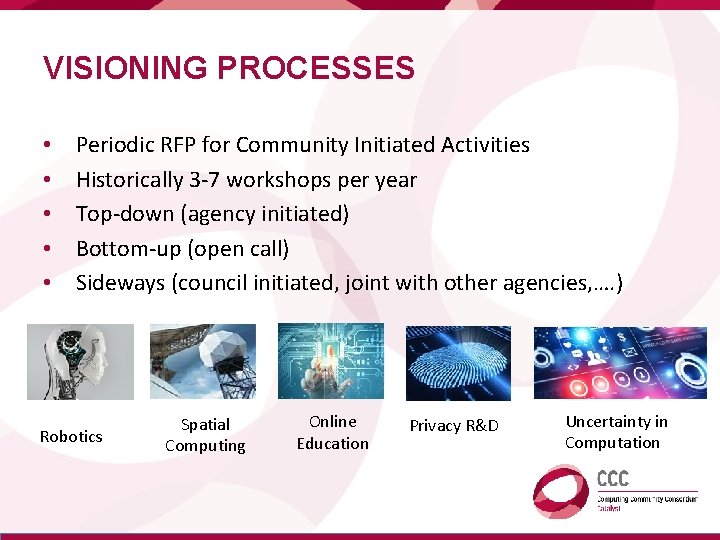 VISIONING PROCESSES • • • Periodic RFP for Community Initiated Activities Historically 3 -7