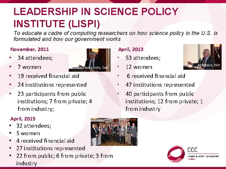 LEADERSHIP IN SCIENCE POLICY INSTITUTE (LISPI) To educate a cadre of computing researchers on