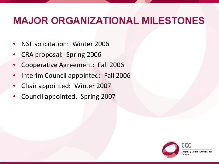 MAJOR ORGANIZATIONAL MILESTONES • • • NSF solicitation: Winter 2006 CRA proposal: Spring 2006