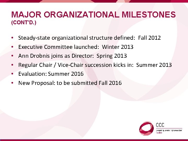 MAJOR ORGANIZATIONAL MILESTONES (CONT’D. ) • • • Steady-state organizational structure defined: Fall 2012