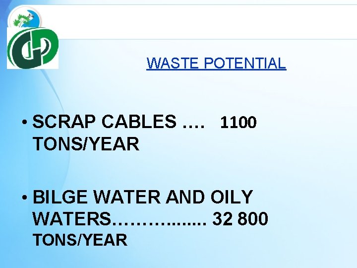 WASTE POTENTIAL • SCRAP CABLES …. 1100 TONS/YEAR • BILGE WATER AND OILY WATERS……….