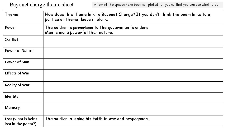 Bayonet charge theme sheet A few of the spaces have been completed for you