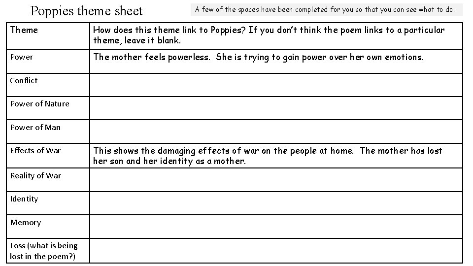 Poppies theme sheet A few of the spaces have been completed for you so