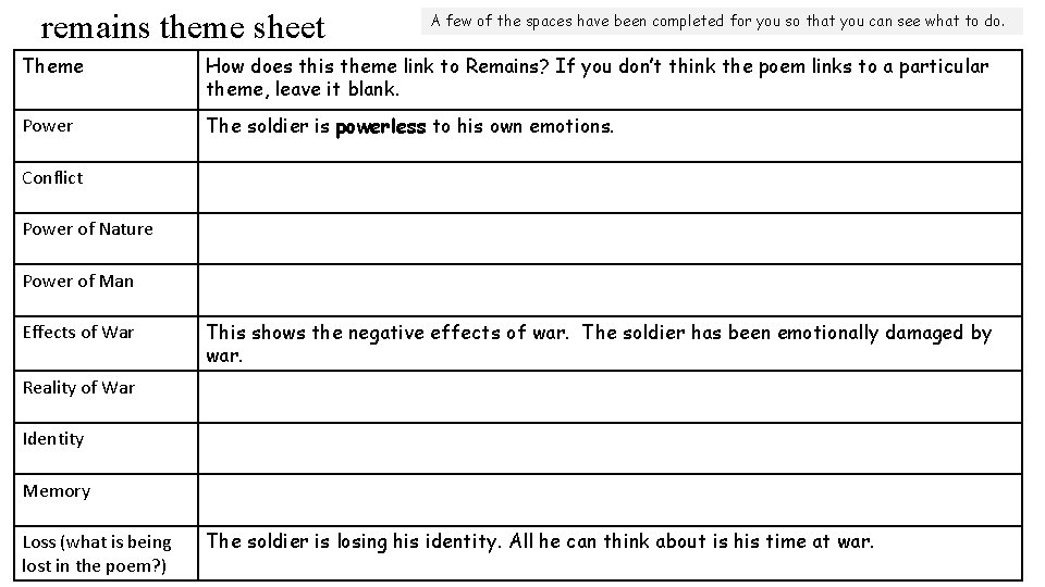 remains theme sheet A few of the spaces have been completed for you so