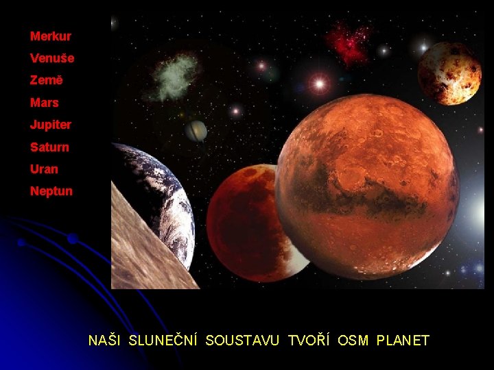 Merkur Venuše Země Mars Jupiter Saturn Uran Neptun NAŠI SLUNEČNÍ SOUSTAVU TVOŘÍ OSM PLANET