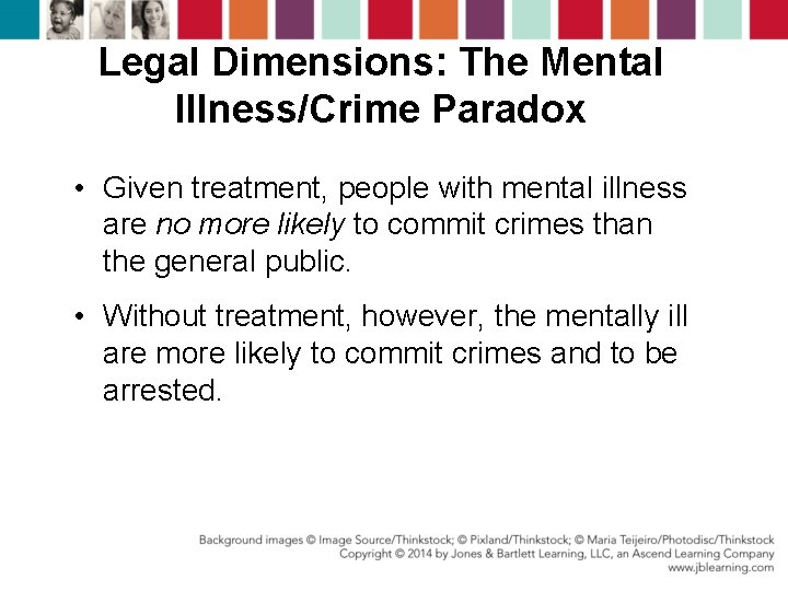 Legal Dimensions: The Mental Illness/Crime Paradox • Given treatment, people with mental illness are