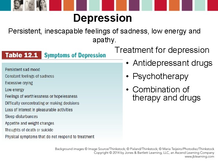 Depression Persistent, inescapable feelings of sadness, low energy and apathy. Treatment for depression •