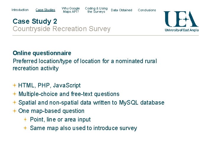 Introduction Case Studies Why Google Maps API? Coding & Using the Surveys Data Obtained