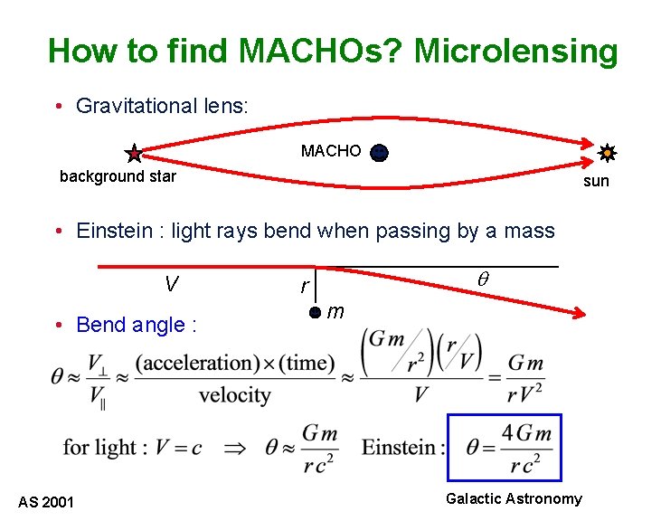 How to find MACHOs? Microlensing • Gravitational lens: MACHO background star sun • Einstein