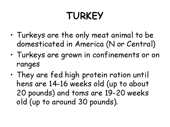 TURKEY • Turkeys are the only meat animal to be domesticated in America (N TURKEY • Turkeys are the only meat animal to be domesticated in America (N