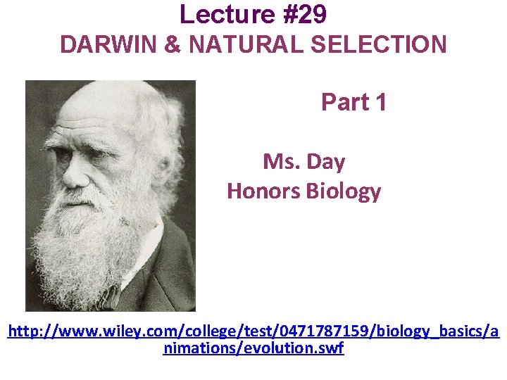 Lecture #29 DARWIN & NATURAL SELECTION Part 1 Ms. Day Honors Biology http: //www.