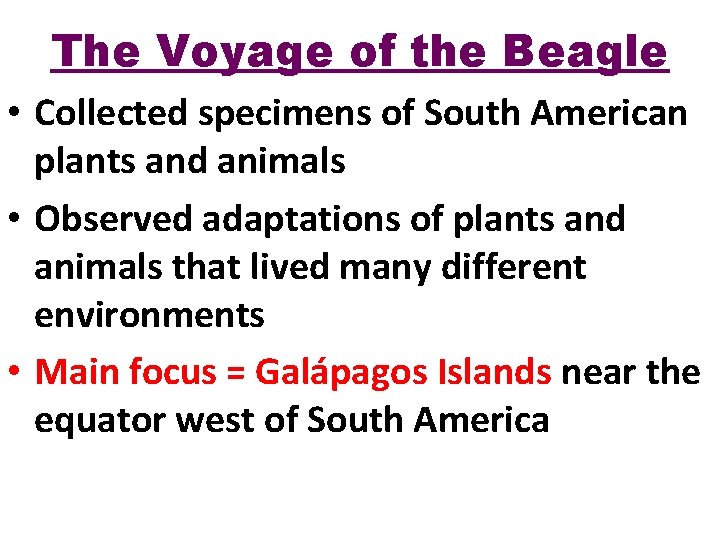 The Voyage of the Beagle • Collected specimens of South American plants and animals