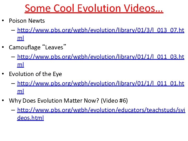 Some Cool Evolution Videos… • Poison Newts – http: //www. pbs. org/wgbh/evolution/library/01/3/l_013_07. ht ml