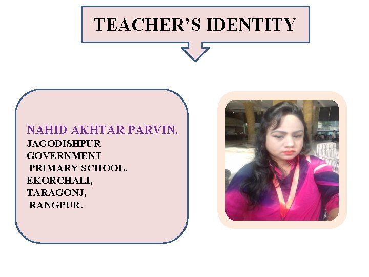 TEACHER’S IDENTITY NAHID AKHTAR PARVIN. JAGODISHPUR GOVERNMENT PRIMARY SCHOOL. EKORCHALI, TARAGONJ, RANGPUR. 