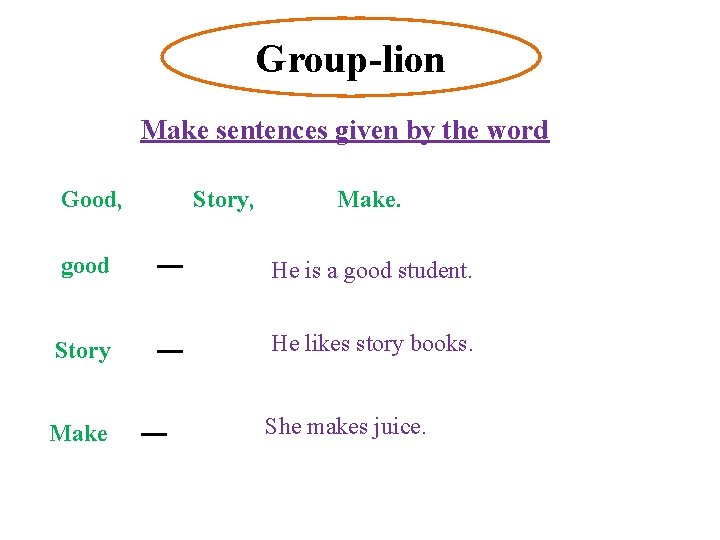 Group-lion Make sentences given by the word Good, Story, Make. good ─ He is