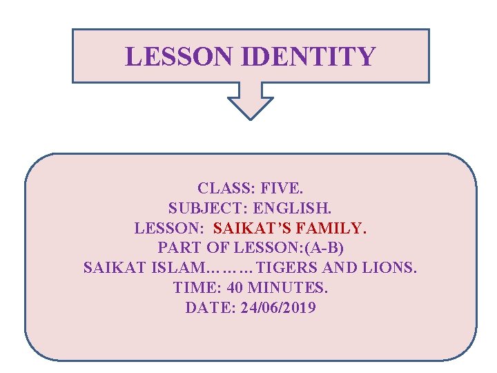 LESSON IDENTITY CLASS: FIVE. SUBJECT: ENGLISH. LESSON: SAIKAT’S FAMILY. PART OF LESSON: (A-B) SAIKAT