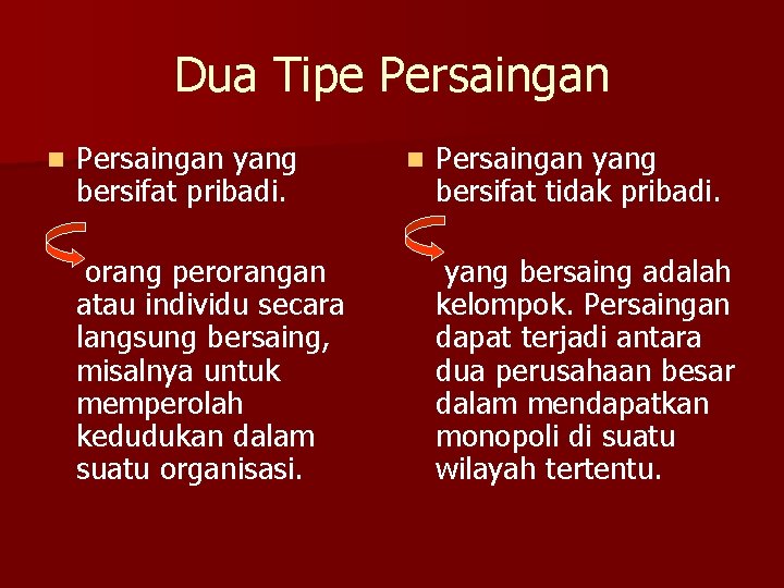 Dua Tipe Persaingan n Persaingan yang bersifat pribadi. orang perorangan atau individu secara langsung