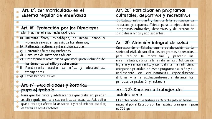 Art. 17°: Ser matriculado en el sistema regular de enseñanza Art. 20°: Participar en