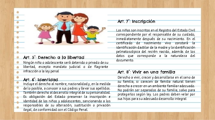 Art. 7°: Inscripción Art. 5°: Derecho a la libertad Ningún niño o adolescente será