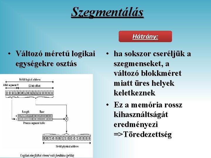 Szegmentálás Hátrány: • Változó méretű logikai • ha sokszor cseréljük a egységekre osztás szegmenseket,