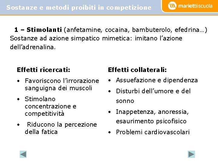 Sostanze e metodi proibiti in competizione 1 – Stimolanti (anfetamine, cocaina, bambuterolo, efedrina…) Sostanze