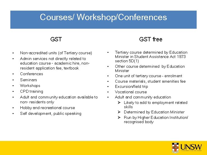Courses/ Workshop/Conferences GST • • • Non-accredited units (of Tertiary course) Admin services not