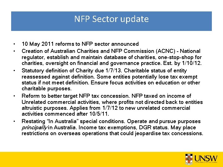 NFP Sector update • • • 10 May 2011 reforms to NFP sector announced