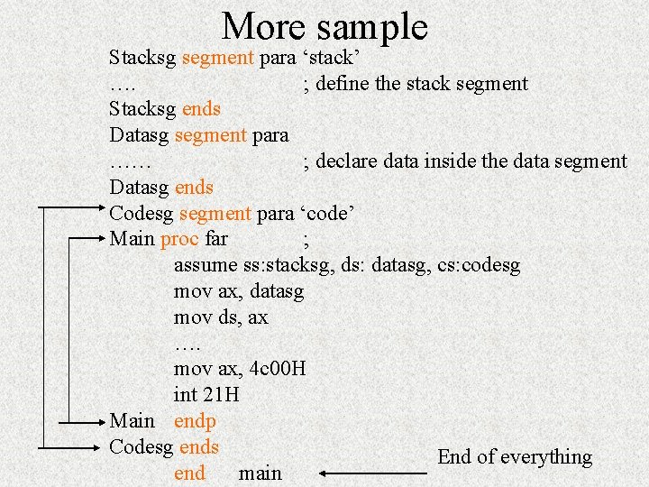 More sample Stacksg segment para ‘stack’ …. ; define the stack segment Stacksg ends