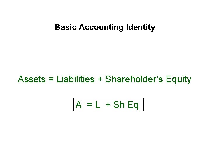 Basic Accounting Identity Assets = Liabilities + Shareholder’s Equity A = L + Sh Basic Accounting Identity Assets = Liabilities + Shareholder’s Equity A = L + Sh