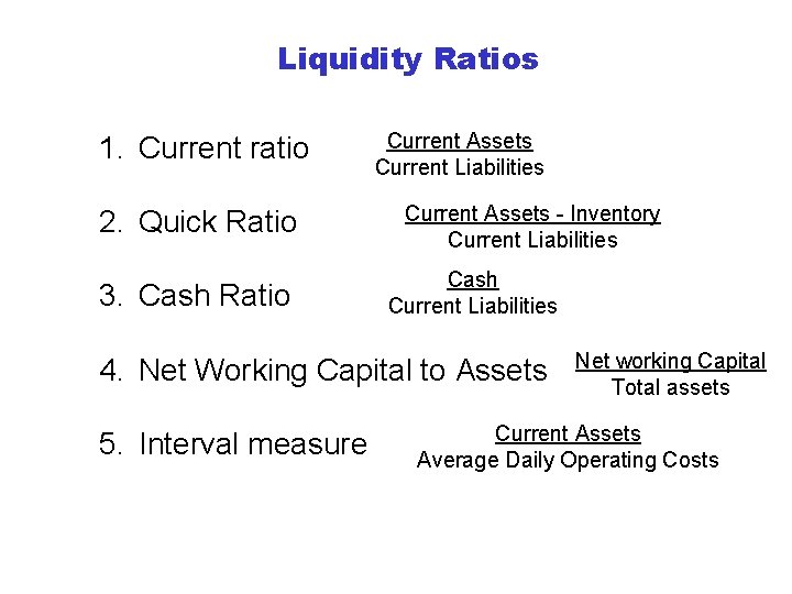 Liquidity Ratios 1. Current ratio 2. Quick Ratio 3. Cash Ratio Current Assets Current Liquidity Ratios 1. Current ratio 2. Quick Ratio 3. Cash Ratio Current Assets Current