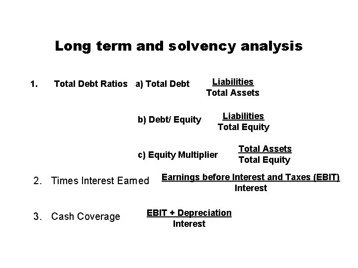 Long term and solvency analysis 1. Total Debt Ratios a) Total Debt b) Debt/ Long term and solvency analysis 1. Total Debt Ratios a) Total Debt b) Debt/