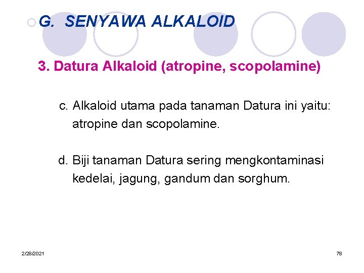 ¡ G. SENYAWA ALKALOID 3. Datura Alkaloid (atropine, scopolamine) c. Alkaloid utama pada tanaman