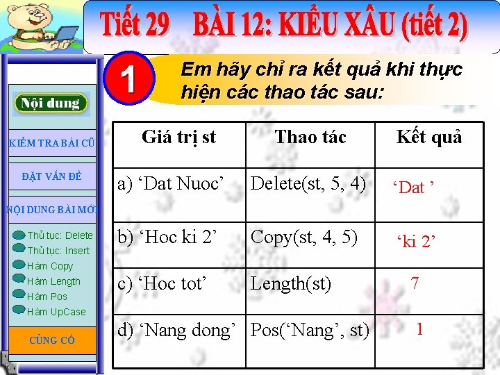 1 KIỂM TRA BÀI CŨ ĐẶT VẤN ĐỀ Em hãy chỉ ra kết quả