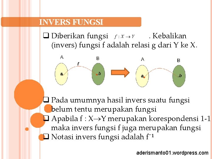 INVERS FUNGSI q Diberikan fungsi . Kebalikan (invers) fungsi f adalah relasi g dari