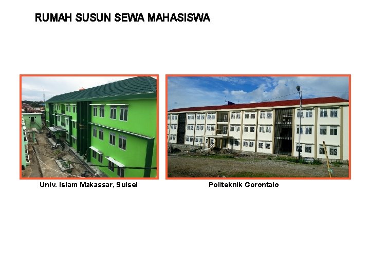 RUMAH SUSUN SEWA MAHASISWA Univ. Islam Makassar, Sulsel Politeknik Gorontalo 