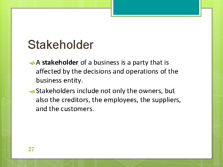 Stakeholder A stakeholder of a business is a party that is affected by the